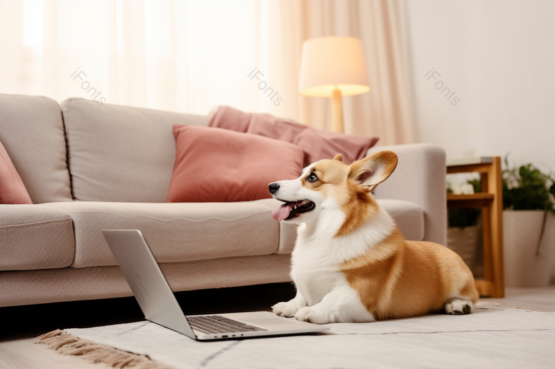 温暖客厅中乖巧电脑前的乖巧柯基犬,高清,摄影图,摄影图片,图片大全,摄影图免费下载